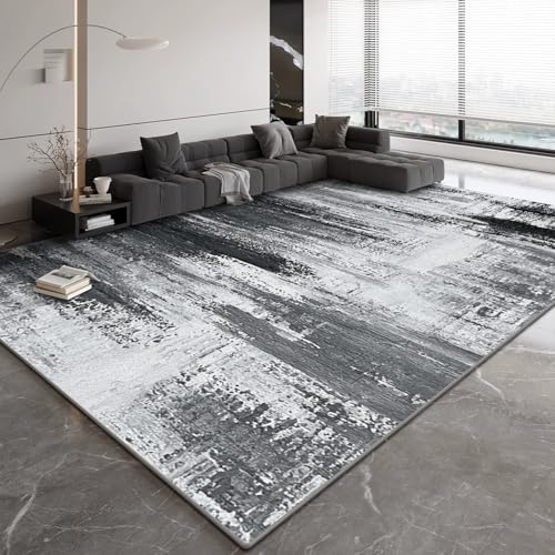 Rug-QJDDUP Teppich Wohnzimmer 90 x 120 cm Anti-Rutsch Waschbarer Teppich für küchen Schlafzimmer Esszimmer Bettvorleger Flur Eingangsbereich Moderne abstrakte Tinte schwarz grau von Rug-QJDDUP