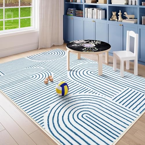 Rug-QJDDUP Teppich Wohnzimmer 90 x 120 cm Anti-Rutsch Waschbarer Teppich für küchen Schlafzimmer Esszimmer Bettvorleger Flur Eingangsbereich Moderne geometrische Linien blau von Rug-QJDDUP