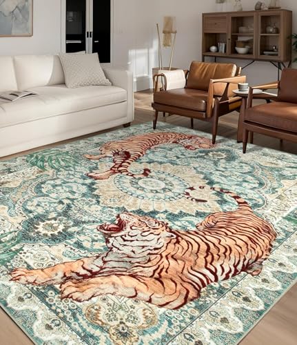 Rug-QJDDUP Teppich Wohnzimmer 90 x 120 cm Anti-Rutsch Waschbarer Teppich für küchen Schlafzimmer Esszimmer Bettvorleger Flur Eingangsbereich Modernes abstraktes Grün-Orange von Rug-QJDDUP