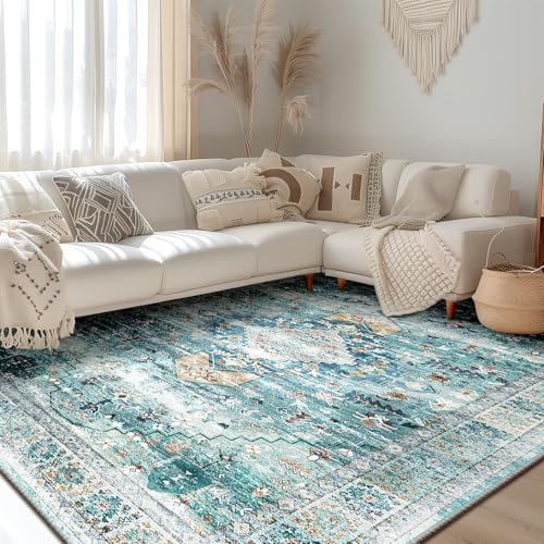 Rug-QJDDUP Teppich Wohnzimmer 90 x 120 cm Anti-Rutsch Waschbarer Teppich für küchen Schlafzimmer Esszimmer Bettvorleger Flur Eingangsbereich Modernes geometrisches Blau von Rug-QJDDUP