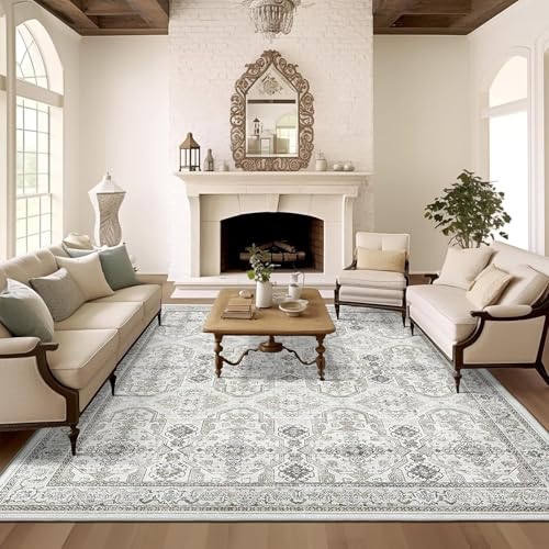 Rug-QJDDUP Teppich Wohnzimmer 90 x 120 cm Anti-Rutsch Waschbarer Teppich für küchen Schlafzimmer Esszimmer Bettvorleger Flur Eingangsbereich Retro Blumengrau von Rug-QJDDUP