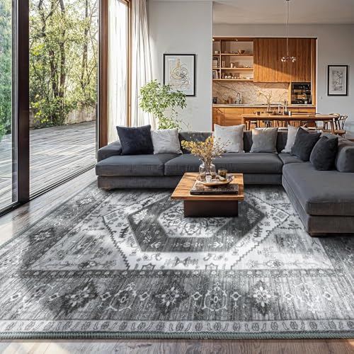 Rug-QJDDUP Teppich Wohnzimmer 90 x 120 cm Anti-Rutsch Waschbarer Teppich für küchen Schlafzimmer Esszimmer Bettvorleger Flur Eingangsbereich Retro floral Ethno-Stil grau von Rug-QJDDUP