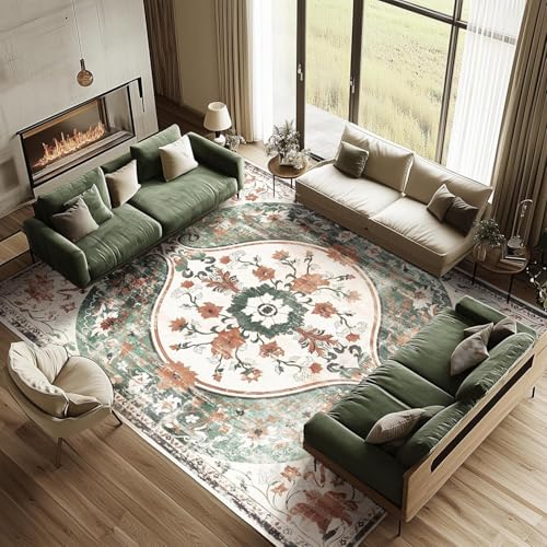 Rug-QJDDUP Teppich großer 200 x 250 cm Teppich Wohnzimmer Kurzflor Waschbar Modern Wohnzimmerteppich für Schlafzimmer Esszimmer Modernes Retro-Blumengrün-Orange von Rug-QJDDUP