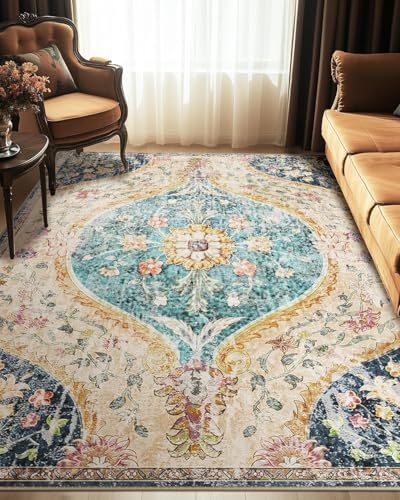 Rug-QJDDUP Teppich großer 200 x 250 cm Teppich Wohnzimmer Kurzflor Waschbar Modern Wohnzimmerteppich für Schlafzimmer Esszimmer Retro Blumen blau gelb Rug-QJDDUP Teppich großer 200 x 250 cm Teppich Wohnzimmer Kurzflor Waschbar Modern Wohnzimmerteppich für Schlafzimmer Esszimmer Retro Blumen blau gelb von Rug-QJDDUP