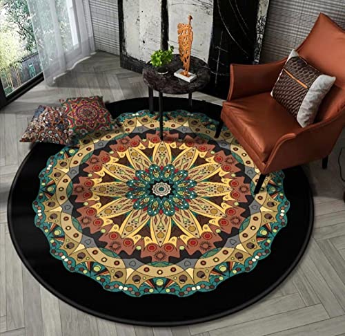 Rug-QJDDUP Rund Dekoration Teppich Vintage orange Mandala-Blume rutschfest Waschbar Wohnzimmer, Schlafzimmer, Flur Teppich ø 180 cm von Rug-QJDDUP