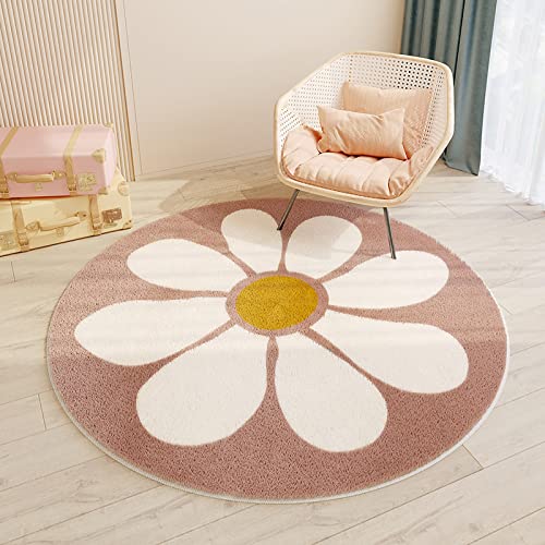 Rug-QJDDUP Rund Dekorative rutschfest Waschbar Teppiche abstrakte hellbraune weiße Blumen Kurzer Plüsch Wohnzimmer, Kinderzimmer, Babyzimmer Runder Teppich ø 100 cm von Rug-QJDDUP