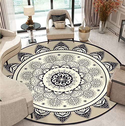 Rund Teppich rutschfest Waschbar Groß Teppich schwarzgrauer geometrischer Lotus Wohnzimmer, Schlafzimmer, Küche, Fußmatte Pflegeleicht Teppich ø 110 cm von Rug-QJDDUP