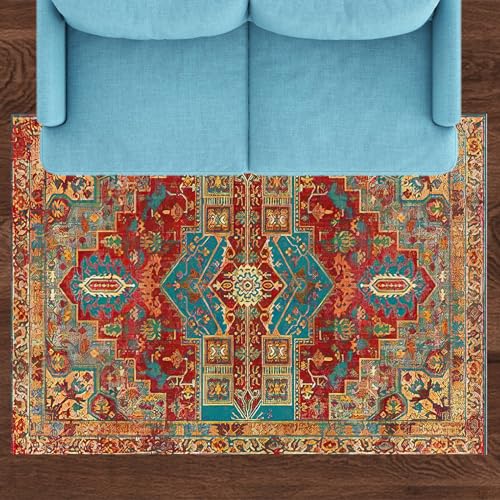 Teppich Wohnzimmer,Teal,90 x 150 cm,Rug Bunt Rot Orange Gelb Grün Mehrfarbig Teal Blau Floral Traditionell Vintage Chic,Heim Deko,Weicher Niederflor von Rug-QJDDUP