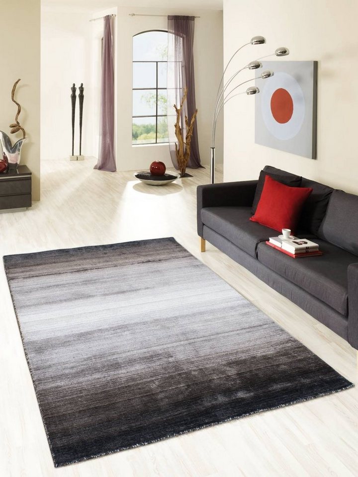 Teppich LINEA, Rug Studios, Rechteckig, Höhe: 13 mm, Flur, Handgefertigt, Küche, modern, Waschbar, weich, 70 x 140 cm, schwarz silber von Rug Studios