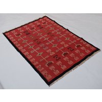 Roter Soumak Teppich, Antiker Kelim Dhurrie Handgemachter 3x5 Akzent Teppich von RugPlanetCo