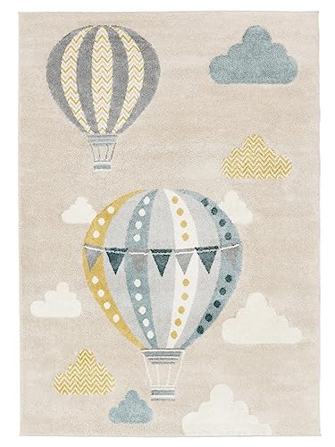 RugVista, Balloon Ride, Kinderzimmer Teppich, 100 x 160 cm, Kinderteppich für Kinder, Spielteppich für Babys, Modernes Design, Kurzflor, Keine schädlichen Stoffe, Beige/Blau von RugVista