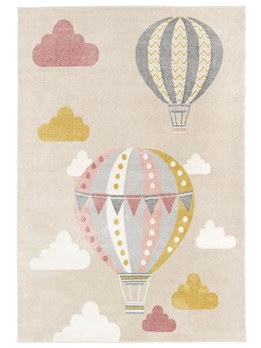 RugVista, Balloon Ride, Kinderzimmer Teppich, 100 x 160 cm, Kinderteppich für Kinder, Spielteppich für Babys, Modernes Design, Kurzflor, Keine schädlichen Stoffe, Beige/Rosa von RugVista