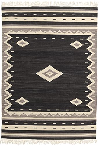 RugVista, Tribal, Teppich, Kurzflor Teppich, 140 x 200 cm, Rechteckiger, Moderner Kelim Teppich, Wolle, Flur, Schlafzimmer, Küche, Wohnzimmer, Schwarz, Schwarz von RugVista