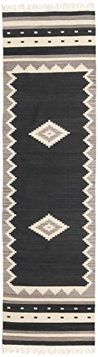 RugVista, Tribal, Teppich, Kurzflor Teppich, 80 x 300 cm, Läufer, Moderner Kelim Teppich, Wolle, Flur, Schlafzimmer, Küche, Wohnzimmer, Schwarz, Schwarz von RugVista