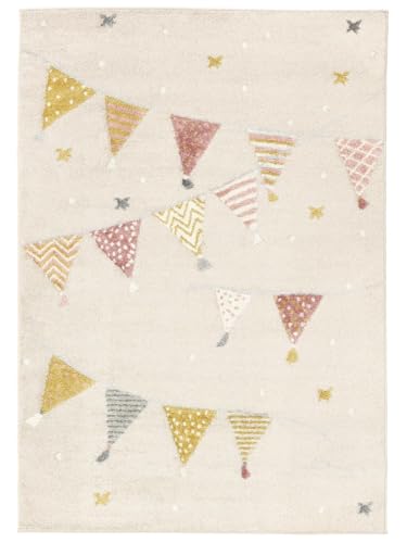 RugVista Celebration Teppich, Kinderzimmerteppich, 140 x 200 cm, Rechteckig, Kinderteppich für Kinder, Polypropylene, Spielteppich Babys Junge Mädchen, Keine schädlichen Stoffe, Beige/Rosa von RugVista