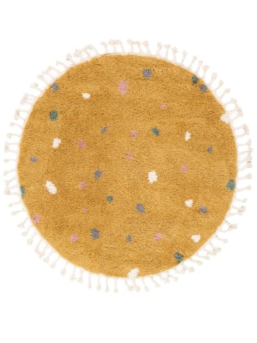 RugVista Confetti Teppich, Kinderzimmerteppich, ∅ 100 cm, Rund, Kinderteppich für Kinder, Polypropylene, Spielteppich Babys Junge Mädchen, Keine schädlichen Stoffe, Gelb von RugVista