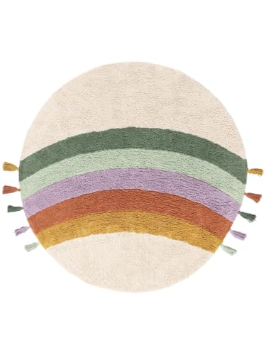 RugVista Rainbow Teppich, Kinderzimmerteppich, ∅ 150 cm, Rund, Kinderteppich für Kinder, Baumwolle, Spielteppich Babys Junge Mädchen, Keine schädlichen Stoffe, Naturweiß/Mehrfarbig von RugVista