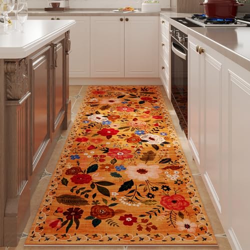 Rugcomf Läufer für Küchenteppich, rutschfest, 60 x 150 cm, waschbar, mit Gummi-Rückseite, weiches Blumenmuster, Läufer für Flur, Küche, Waschküche, Schlafzimmer, Badezimmer (Gelb) von Rugcomf
