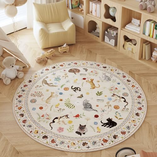 Rugcomf Runder Teppich, waschbar, rund, rutschfest, niedriger Flor, Boho-Stil, Blumenmuster, Katze, kleiner runder Teppich für Schlafzimmer, Badezimmer, Eingangsbereich, Kinderzimmer, Büro Rugcomf Runder Teppich, waschbar, rund, rutschfest, niedriger Flor, Boho-Stil, Blumenmuster, Katze, kleiner runder Teppich für Schlafzimmer, Badezimmer, Eingangsbereich, Kinderzimmer, Büro von Rugcomf