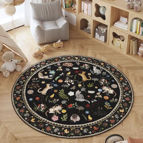 Rugcomf Runder Teppich, waschbar, rund, rutschfest, niedriger Flor, Boho-Stil, Blumenmuster, Katze, kleiner runder Teppich für Schlafzimmer, Badezimmer, Eingangsbereich, Kinderzimmer, Büro Rugcomf Runder Teppich, waschbar, rund, rutschfest, niedriger Flor, Boho-Stil, Blumenmuster, Katze, kleiner runder Teppich für Schlafzimmer, Badezimmer, Eingangsbereich, Kinderzimmer, Büro von Rugcomf