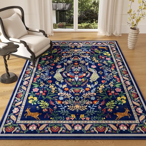 Rugcomf Teppich, waschbar, Blumenmuster, rutschfest, niedriger Flor, kleiner Teppich für Schlafzimmer, Nachttisch, Kinderzimmer, Büro, Esszimmer (blau) von Rugcomf
