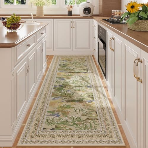 Rugcomf Teppichläufer im Impressionisten-Stil, Vintage-Küchenteppich, rutschfest, waschbar, weicher Teppichläufer für Küche, Waschküche, Schlafzimmer, Badezimmer, Beige von Rugcomf