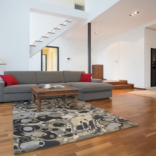 Rugeast Moderner Nepal Teppich 247x172 cm | Handgeknüpftes Unikat | Bambus-Seide & Baumwolle | Grau Beige Schwarz | Modernes Abstraktes Design von Rugeast