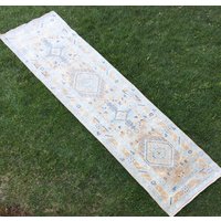 Baby Blauer Und Hellbrauner Teppichläufer, Handgeknüpfter Teppich Läufer, Küche, Perserteppich, Perserteppich von RuginRugs
