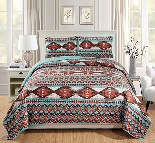 Rugs 4 Less Rustikales Southwester-Bettwäsche-Set mit Steppmuster im Western-Stil, mit Tribal-Indianer-Mustern – Utah (Türkis, Doppelbett) von Rugs 4 Less