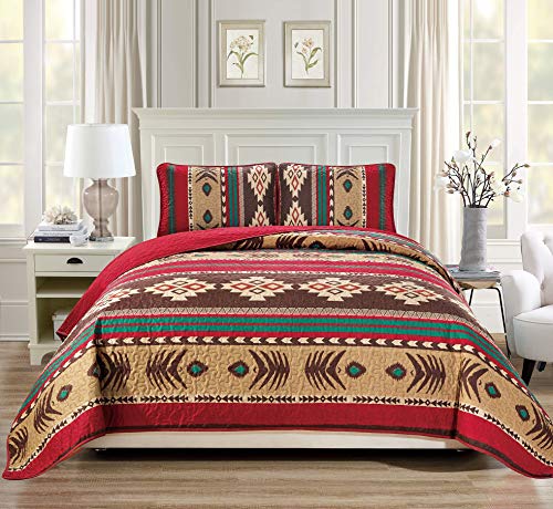 Rugs 4 Less Western Southwestern Indianer Tribal Navajo Design gesteppte Tagesdecke in Braun, Grün und Burgunderrot Mojave (Doppelbett) von Rugs 4 Less