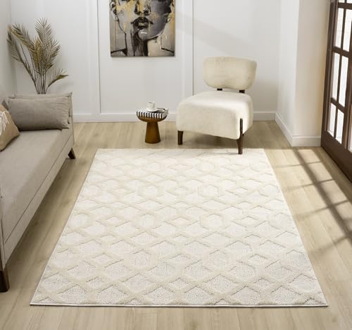 Isabella Wohnzimmer-Teppich – Cut-Loop-Flor aus Polypropylen – Jute-Rückseite – Indoor-Teppich in geometrischem Muster, Kopfsteinmuster, Mazia-Bogen, imperiale Rankgitter-Designs, Creme, 120 x 170 cm Isabella Wohnzimmer-Teppich – Cut-Loop-Flor aus Polypropylen – Jute-Rückseite – Indoor-Teppich in geometrischem Muster, Kopfsteinmuster, Mazia-Bogen, imperiale Rankgitter-Designs, Creme, 120 x 170 cm von Rugs by Desire