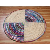 Handgeflochtener Jute-Chindi-Baumwoll-Rundteppich, Natürlicher Beige Jute-Boho-Teppich in Sondergröße, Bunter Teppich, 3 X 3, 6 Fuß von RugsForeverCo