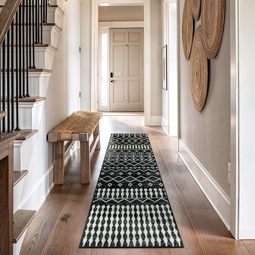 Rugshop Boho-Teppich mit geometrischem Rauten- und Streifenmuster für Wohnzimmer, Schlafzimmer oder Eingangsbereich, weich, modern, böhmisches Bodendekor, 7,6 x 2,4 m, Schwarz von Rugshop