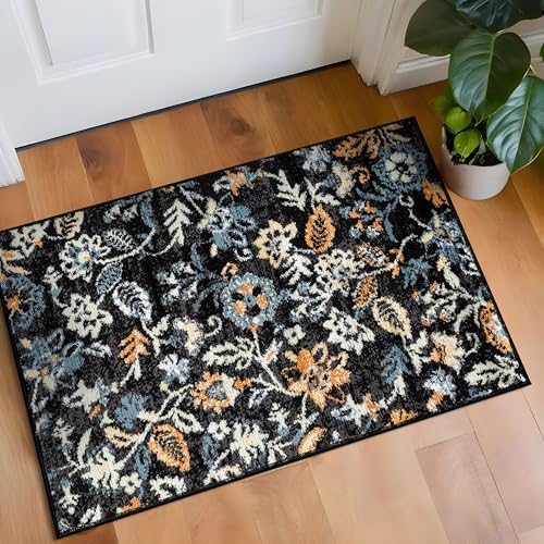 Rugshop Moderner Teppich mit Blumenmuster, für Wohnzimmer, Schlafzimmer oder Eingangsbereich, 60 x 90 cm, Schwarz von Rugshop
