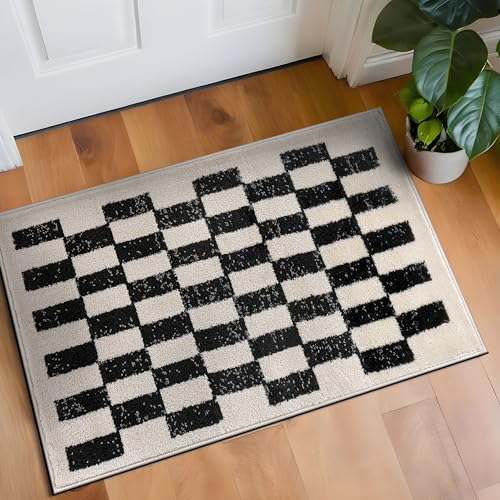 Rugshop Schwarz-weiß karierter Teppich – kontrastreiches Gittermuster Teppich für Wohnzimmer, Schlafzimmer oder Wohnheim – trendige, moderne weiche Bodendekoration, 60 x 90 cm, Schwarz von Rugshop