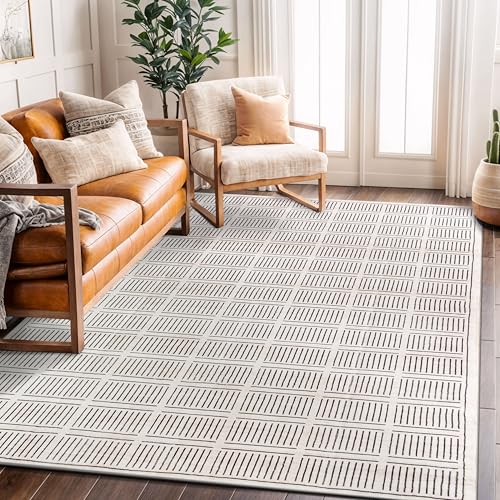 Rugshop Teppich, Bohemian-Stil, gestreift, waschbar, rutschfest, 1,5 x 2,1 m, Elfenbeinfarben von Rugshop