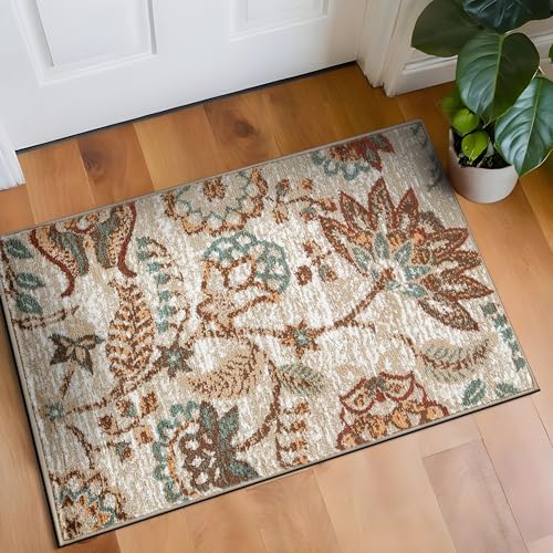 Rugshop Teppich mit Blumenmuster, Vintage-Teppich für Wohnzimmer, Schlafzimmer oder Esszimmer, fusselfrei, weich, niedriger Flor, traditioneller Teppich, 60 x 90 cm, Beige von Rugshop