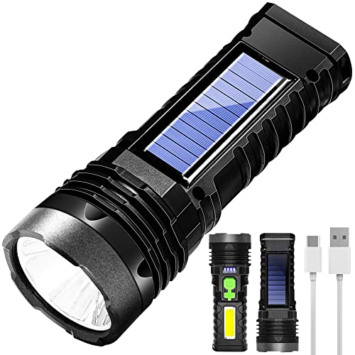 Rugtol Wiederaufladbare LED Taschenlampen, wiederaufladbare Solar-Taschenlampen, 1000 Lumen helle LED Solar Taschenlampe mit USB Ladegerät, wasserdichte Hand-Taschenlampen mit 4 Modi für Notfälle von Rugtol