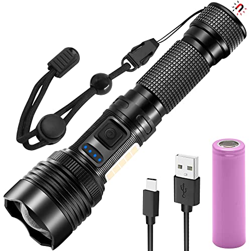 LED-Taschenlampe wiederaufladbar, superhelle Taschenlampen hohe Lumen mit 7 Modi, zoombare Handblitzleuchte mit COB-Arbeitslicht, IP67 wasserdichte Taschenlampen für Notfall, Camping, Wandern, Outdoor von Rugtol