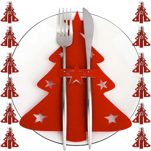 Ruhhy Bestecktasche Besteckhalter Tannenbaum Weihnachten Tischdeko Rot Filz 12 Stück 22304 von Ruhhy