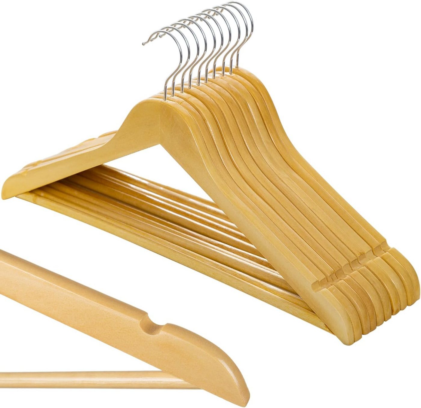 Ruhhy Kleiderbügel Kleiderbügel 10 Stück Schulterkerben Hosensteg 360° drehbarer Haken, (10er Set, 10-tlg), 10 Holzkleiderbügeln & Hosensteg & Schulterkerben von Ruhhy