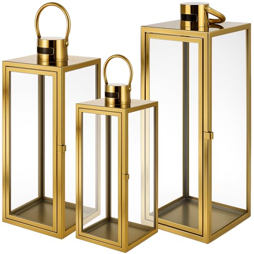 Ruhhy Laternen 3er-Set XXL, Glas & Edelstahl Windlichter für Kerzen & LED, innen & außen, für Outdoor Wohnzimmer Garten Balkon Innen Indoor (Golden) von Ruhhy