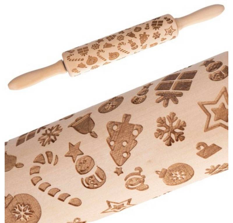 Ruhhy Nudelholz Weihnachtsmuster Teigroller Buchenholz, (Spar-Set, 1-tlg., praktisch langlebig), mit integriertem Muster von Ruhhy