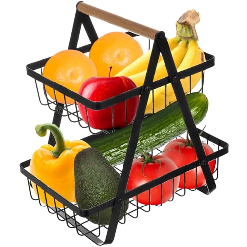 Ruhhy Obstkorb Etagere Platzsparend 2 Etage Korb für Obst und Gemüse Obstschale Aufbewahrung Küche Metall Schwarz 24265 von Ruhhy