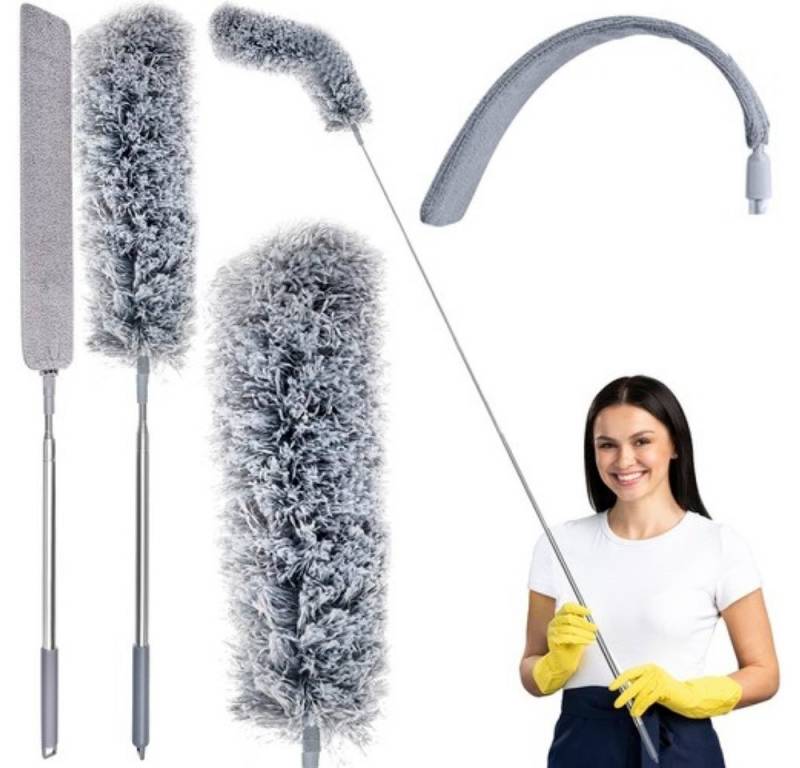 Ruhhy Staubwischer Teleskop Staubbürste Mikrofaser mit ausziehbarem Edelstahlstiel (Staubwischer-Set mit ausziehbarem Stiel und Mikrofaser-Aufsätzen, Reinigungsbürste mit Teleskopstiel und zwei wechselbaren Bürsten), Teleskopbürste 250 cm, 2 Bürstenköpfe, Mikrofaser, Edelstahlstiel von Ruhhy