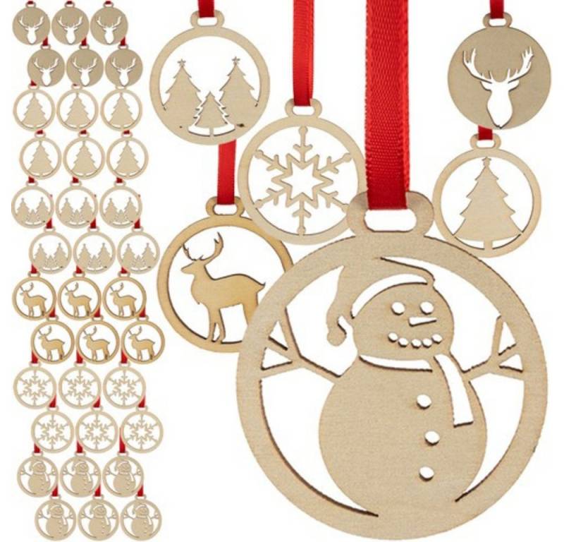 Ruhhy Weihnachtsbaumkugel Weihnachtsschmuck Holzkugeln Deko, Enthält 36 Kugeln mit 6 Motiven sowie Schnüre und Bänder von Ruhhy