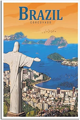 Leinwanddruck 70 x 90 cm, rahmenlos, Brasilien, Corcovado, Retro-Reiseposter, Statue, Dekoration, Poster, modernes Schlafzimmer, Wanddekoration von RuiChuangKeJi