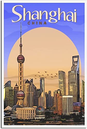 RuiChuangKeJi Leinwandbild, 50 x 70 cm, Rahmenlos, Shanghai, China, Lujiazui, Skyline, Retro-Reiseplakat, dekoratives Poster, modernes Schlafzimmer, Wanddekoration von RuiChuangKeJi