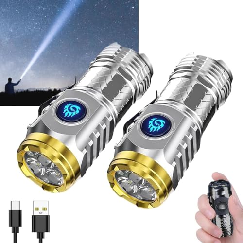RuiDay Mini-Taschenlampe mit dreiäugigem Monster,USB Aufladbar Taschenlampen mit 5 Lichtmodi,LED Taschenlampe Extrem Helle,Wasserdicht Mini Handlampe für Camping Outdoor (Silber 2 Stk) von RuiDay