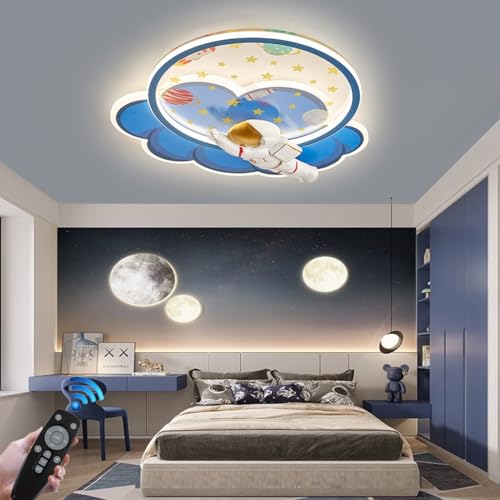 RuiRfh Deckenlampe LED Innen deckenleuchte modernes kreatives Schlafzimmer mit Fernbedienung Dimmung Kinderzimmer blauer Acryl Lampenschirm Astronautenform Beleuchtung Jungenzimmer Kronleuchter von RuiRfh